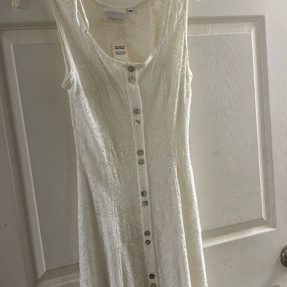 White eyelet, crochet dress slip attached waist approx  13”. Has some stretch
